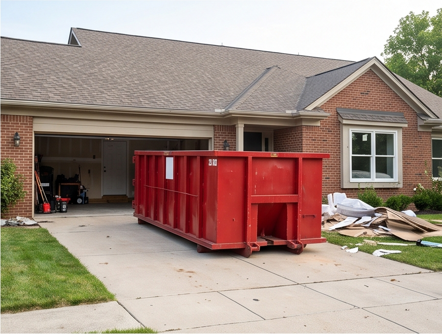 Roll-off dumpster in a driveway