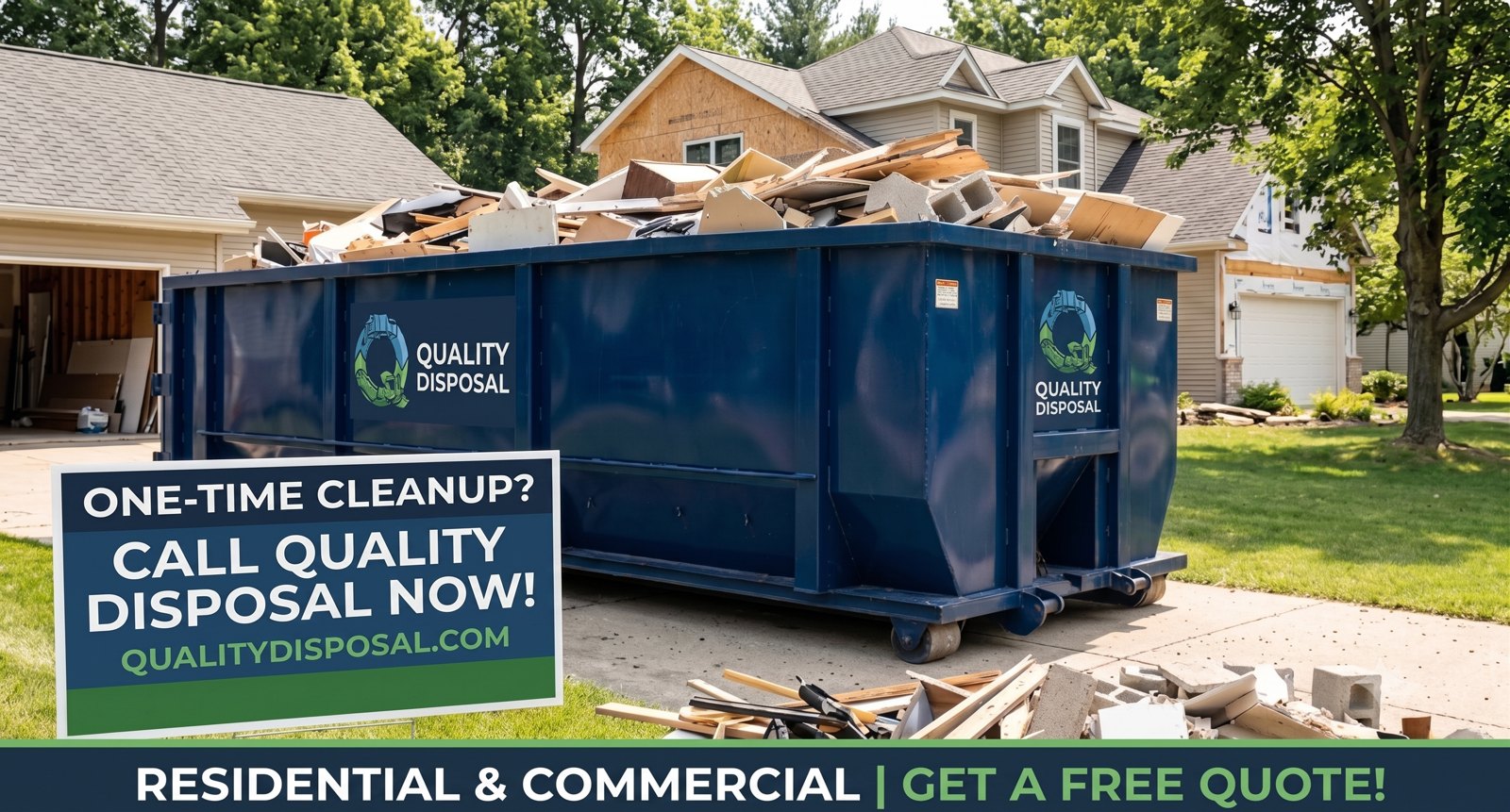 Quality Disposal roll-off dumpster loaded with remodeling debris in front of a house